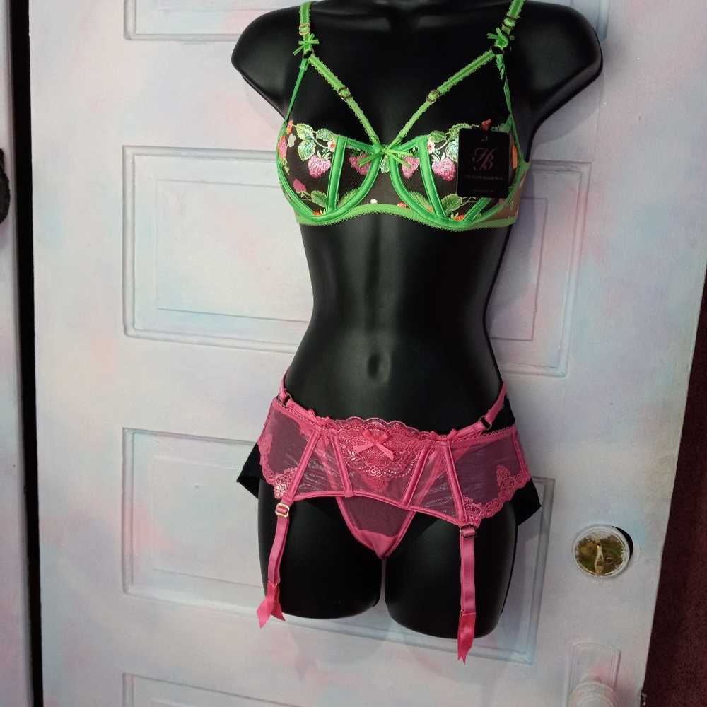 Honey Birdette luxury lingerie panty & suspender-Natalie wild pink! Shimmery sex - Picture 11 of 16